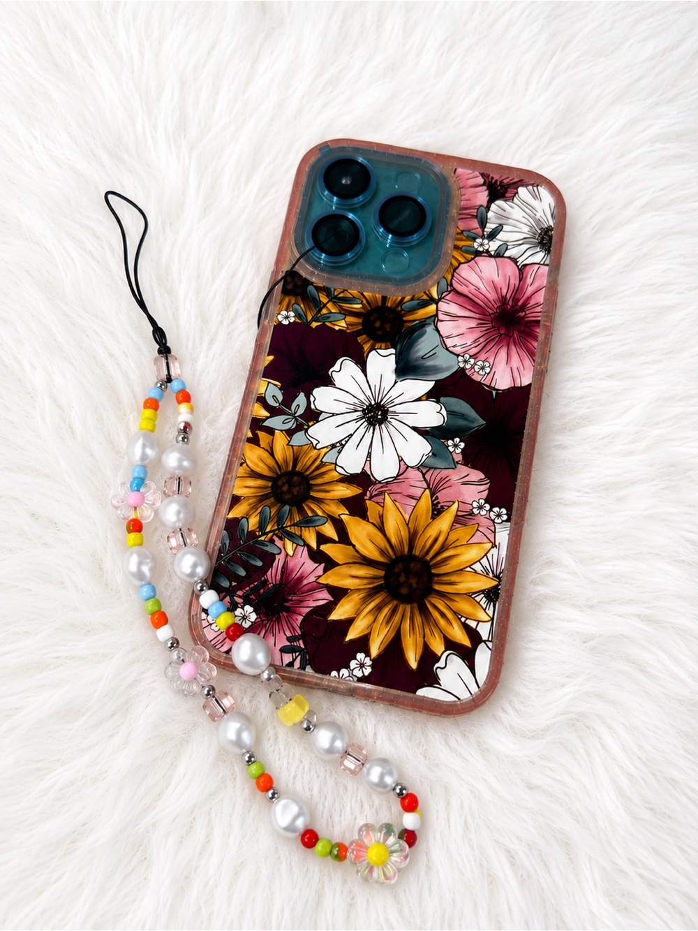 iPhone 14 Pro Max Floral Case w/ Beaded Charm